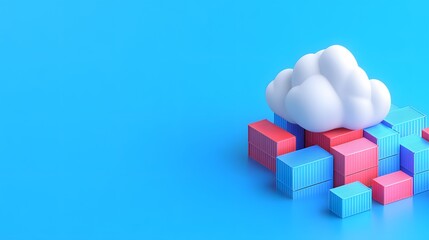 Obraz premium 3D illustration of a cloud above colorful blocks representing cloud computing and online data storage on a blue background.