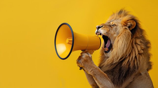 A funny lion holding a yellow loudspeaker and screaming on a yellow background, A fun lion speaks into a megaphone. Management and advertising.