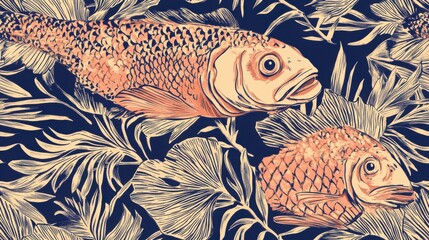 Seamless pattern of illustration of a fish swimming among vibrant vintage background.	