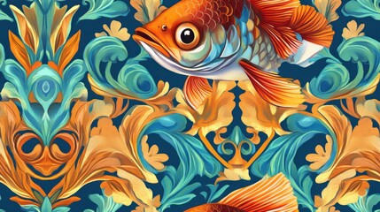 Obraz premium Seamless pattern of illustration of a fish swimming among vibrant vintage background. 