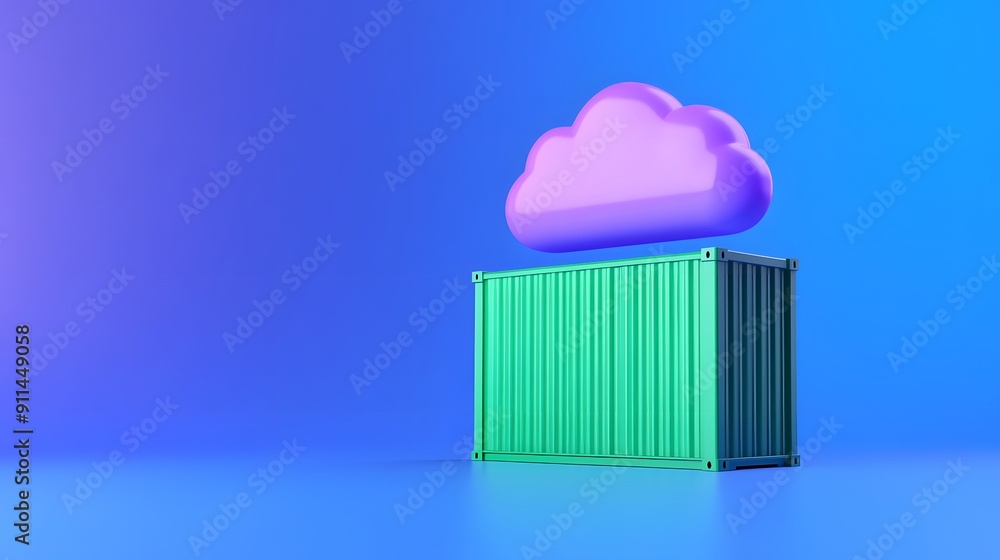 Poster 3d illustration of a cloud hovering above a shipping container on a blue background, symbolizing clo