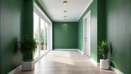 Obraz premium Minimalist White Hallway with Lush Green Walls and Natural Light generative AI