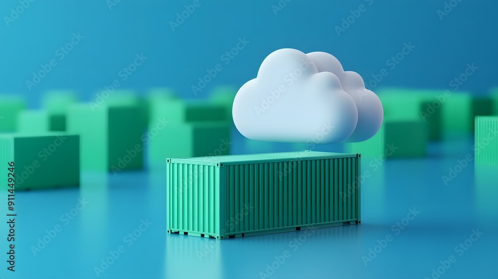 Poster 3d illustration of a cloud hovering over a shipping container on a blue background, symbolizing clou