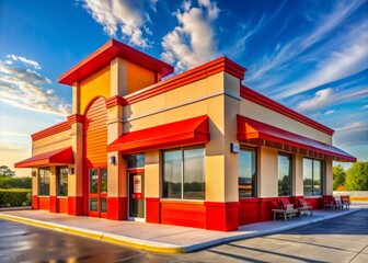 Obraz premium Vibrant exterior of a popular southern-style fast food restaurant, featuring a bold red logo and orange trim, against a blue sky on a sunny day.