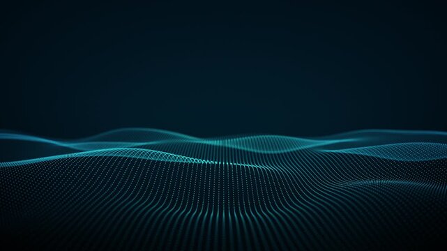 Blue digital wave on a blue background. Looped tech, futuristic background. Lightweight, flowing, modern template. Cyber ​​horizon space concept. Glowing water flow. Darkened Turquoise background.