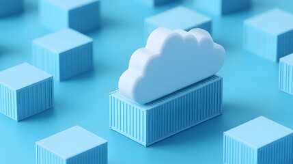 Fototapeta premium 3D illustration of a cloud resting on a shipping container among other containers, symbolizing cloud computing and data storage.