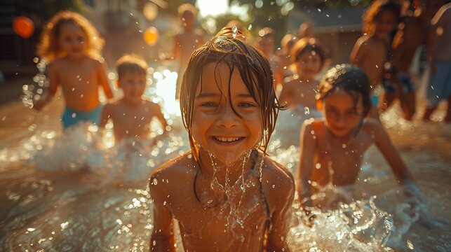 Kids having a water balloon fight on a hot summer day in a neighborhood park , 200 ISO, f/18, ultra realistic hair & skin