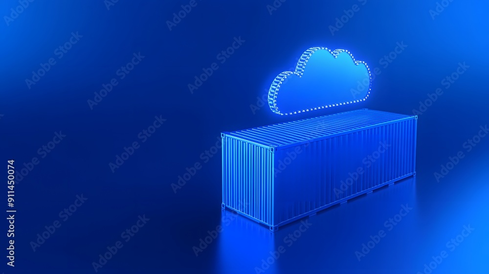 Poster 3d illustration of a container and cloud symbol in a blue setting, representing cloud computing, dat