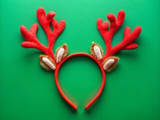 Adorable Christmas headbands featuring funny red deer horns isolated on a vibrant green background, perfect for festive party decorations and joyful holiday celebrations.
