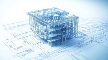 3D architectural blueprint of a modern building, highlighting its structured design and engineering intricacies on a technical drawing layout.