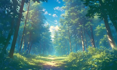 Obraz premium Enchanting Anime Forest Landscape: Serene Afternoon Scene with Lush Greenery and Dappled Sunlight. Dreamy Cartoon-style Illustration for Creative Marketing. AI-generated 4K Wallpaper Design with Vibra