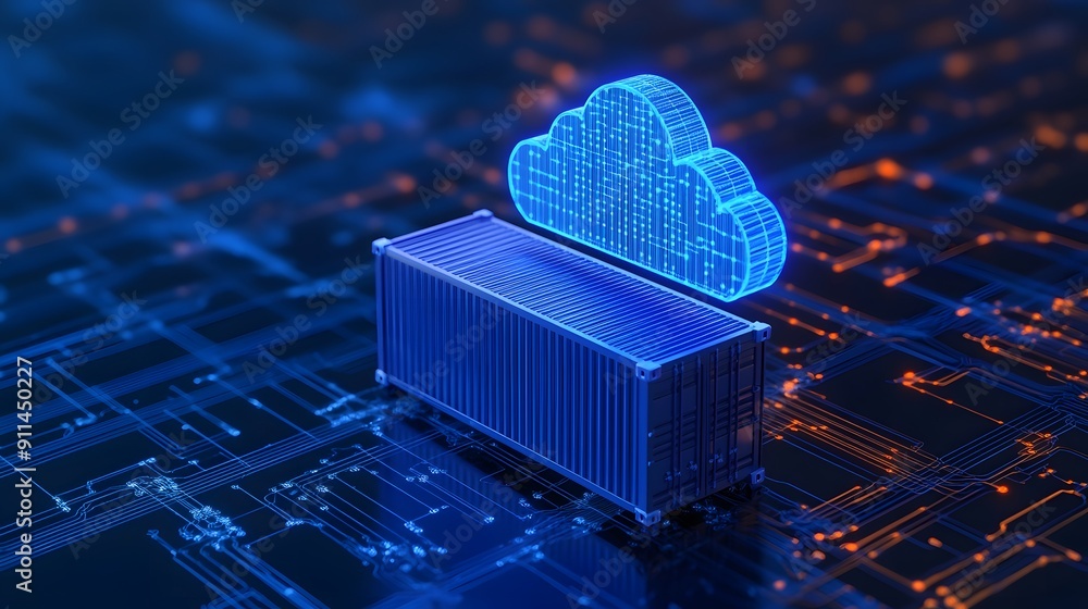Poster 3d illustration of a digital cloud and shipping container on a circuit board, symbolizing cloud stor