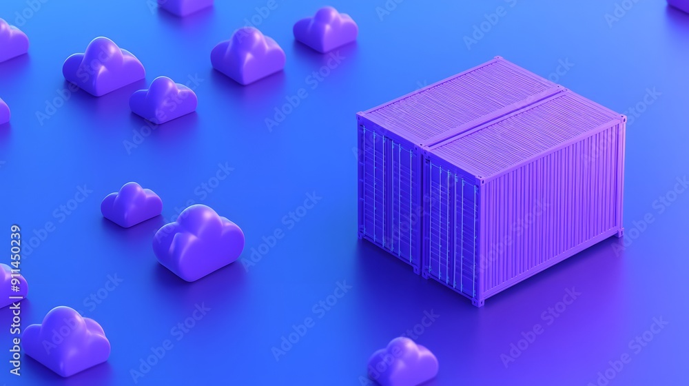 Poster 3d illustration of a container surrounded by cloud-shaped objects, symbolizing cloud storage and dat