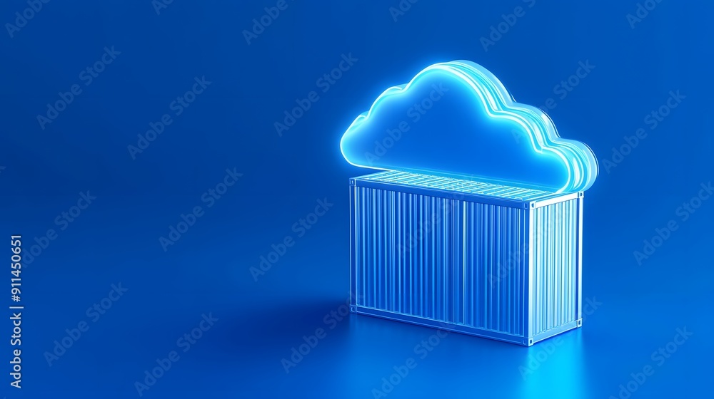 Poster 3d illustration of a glowing cloud over a container, representing cloud computing and data storage, 