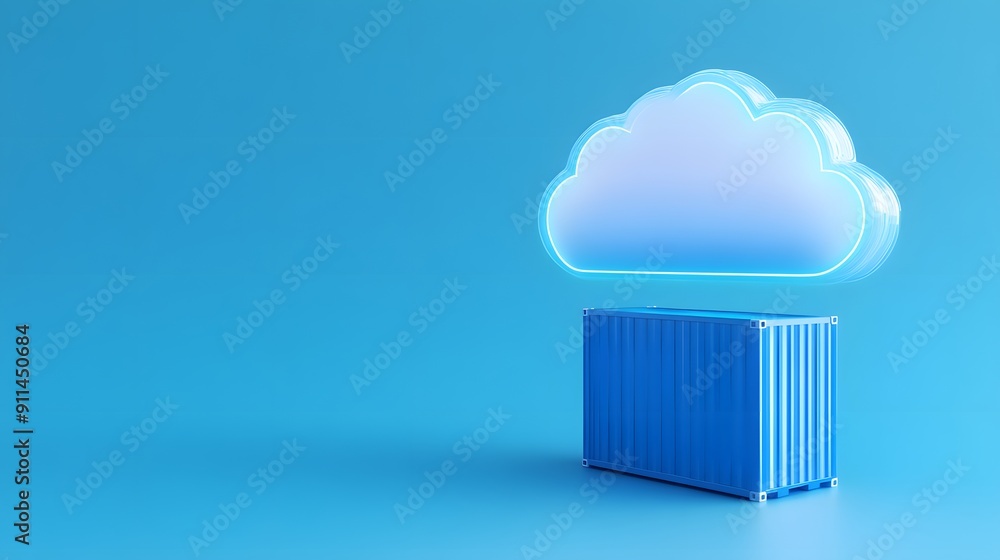 Poster 3d illustration of a glowing cloud over a shipping container, symbolizing cloud computing and data s