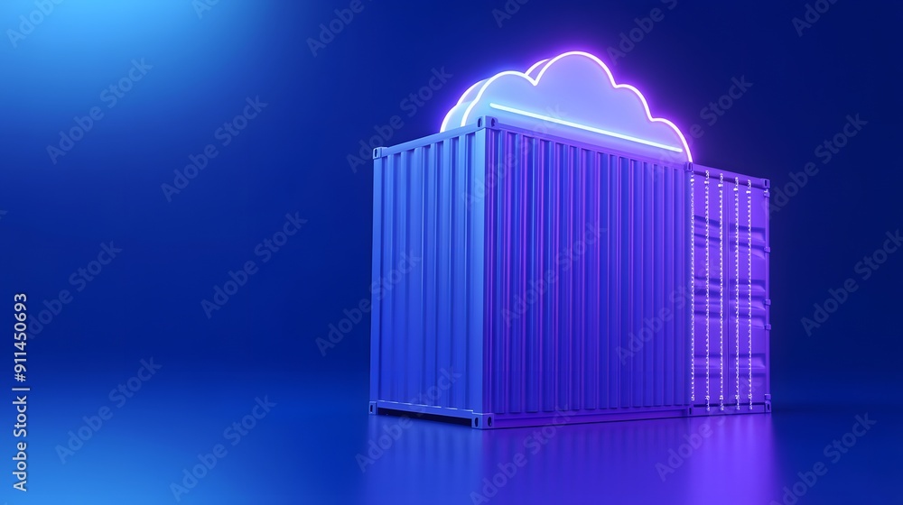 Poster 3d illustration of a glowing neon cloud atop a shipping container, symbolizing cloud computing and s