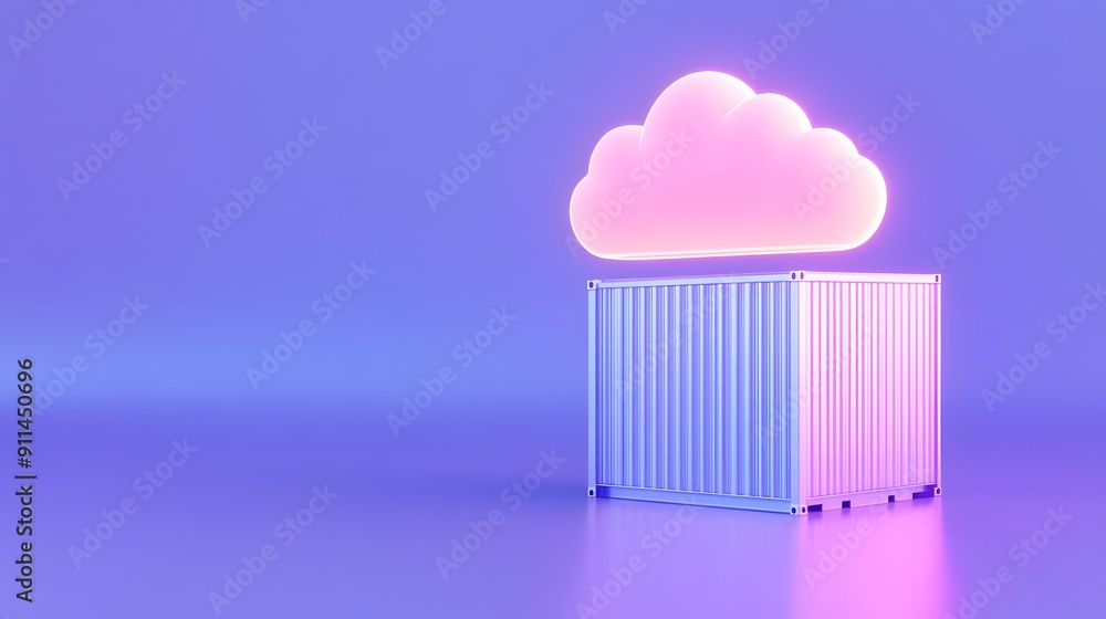 Poster 3d illustration of a glowing pink cloud over a white container on a blue gradient background symboli