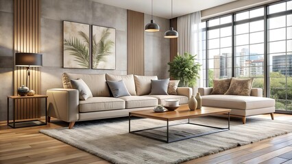 Modern Minimalist Living Room with Textured Accents and Natural Light  AI generated