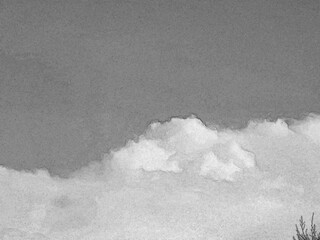 Summer white fluffy cumulus clouds in the deep blue sky. Pencil drawn sketch illustration, sketchy draft