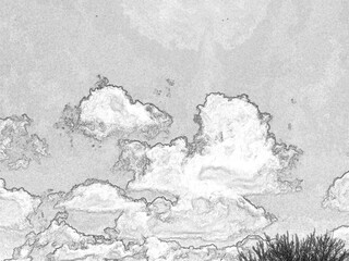 Summer white fluffy cumulus clouds in the deep blue sky. Pencil drawn sketch illustration, sketchy draft