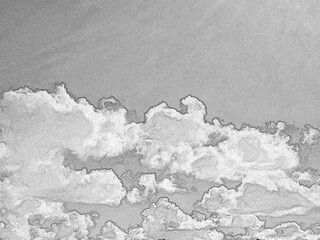 Summer white fluffy cumulus clouds in the deep blue sky. Pencil drawn sketch illustration, sketchy draft
