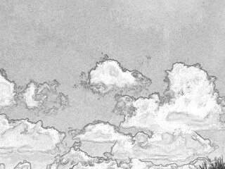 Summer white fluffy cumulus clouds in the deep blue sky. Pencil drawn sketch illustration, sketchy draft