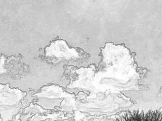 Summer white fluffy cumulus clouds in the deep blue sky. Pencil drawn sketch illustration, sketchy draft