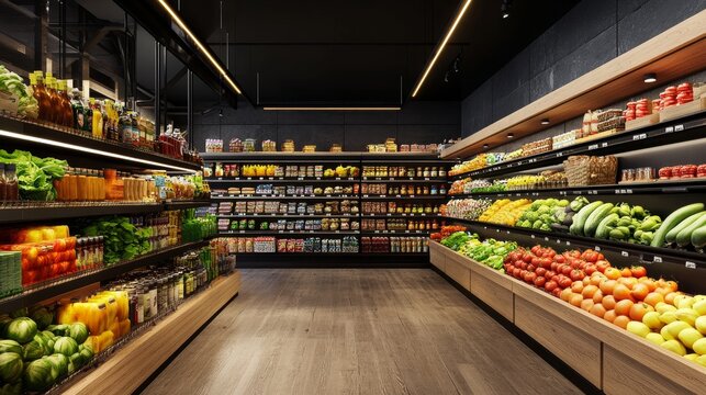 Image depicts a modern grocery store aisle stocked with fresh vegetables, fruits, bottled juices, and various packaged goods. The setup is well-lit, organized, and detailed.