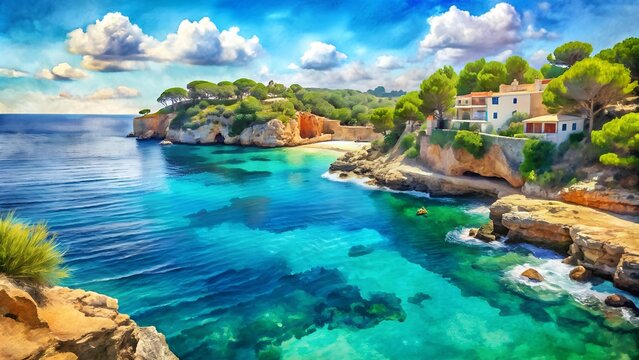 Majorca Map: Abstract Watercolor in Vibrant Hues  Generative AI