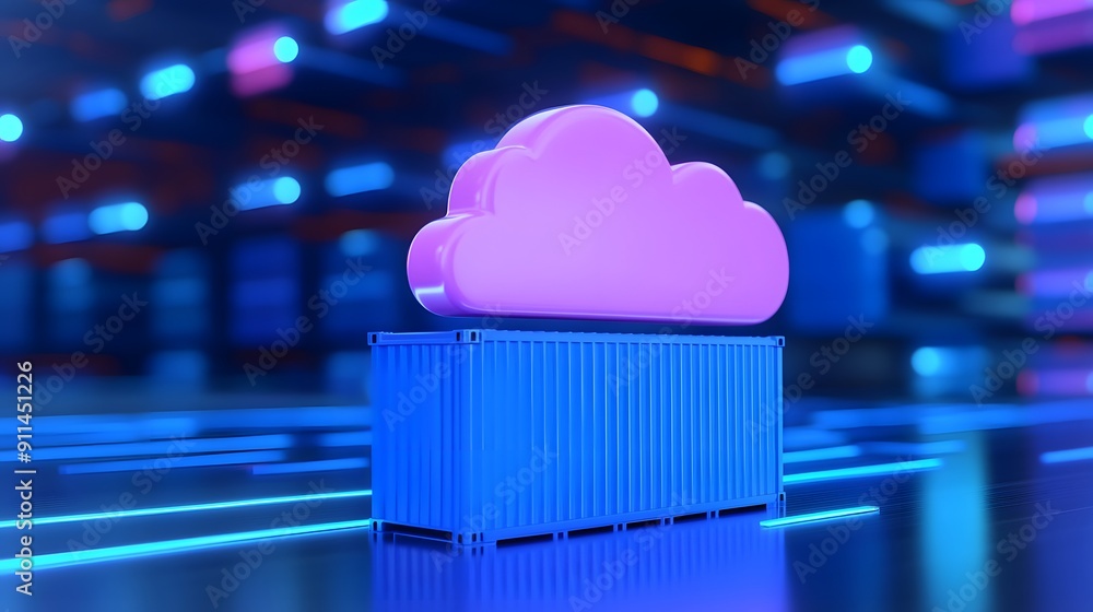 Poster 3d illustration of a pink cloud on a blue shipping container, symbolizing cloud computing and data s