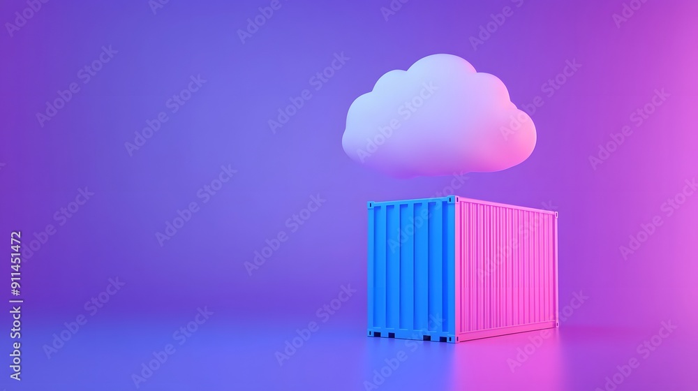 Poster 3d illustration of a shipping container and a cloud on a vibrant gradient background symbolizing clo