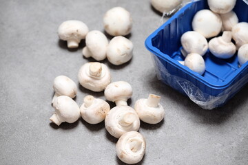 Raw mini mushroom champignon in a blue plastic box at gray background. Top view