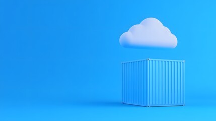 3D illustration of a shipping container below a cloud on a blue background, representing cloud storage or cloud computing concepts.