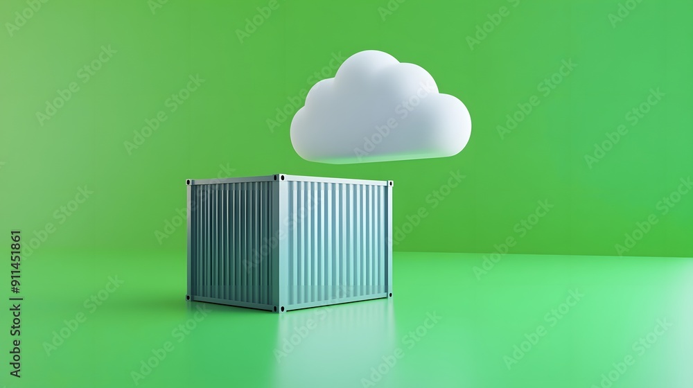 Poster 3d illustration of a shipping container with a cloud above it on a green background, representing cl