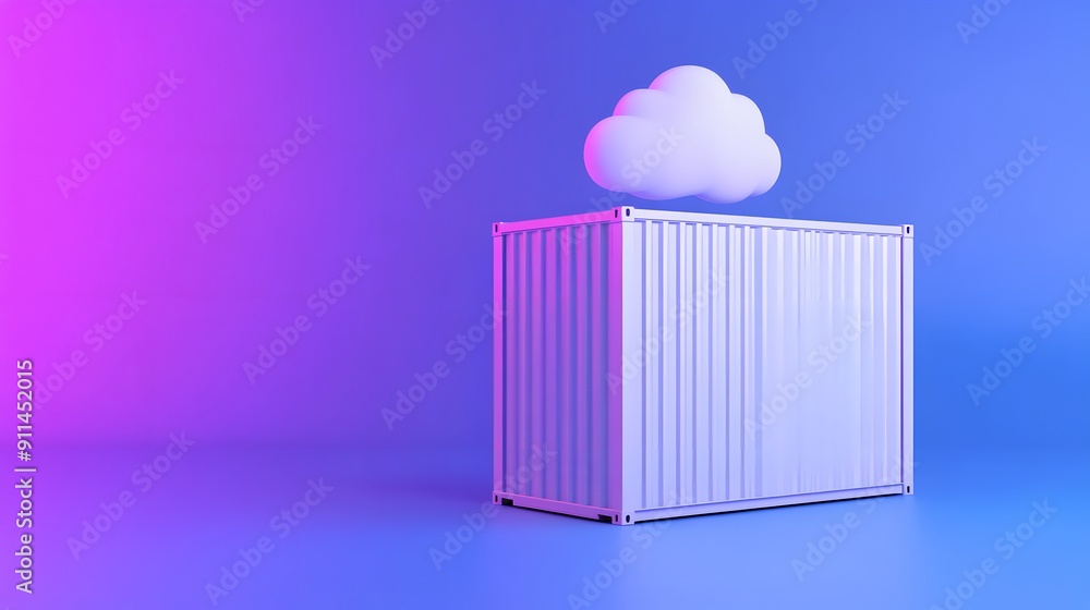 Poster 3d illustration of a shipping container with a cloud above, symbolizing cloud computing and storage,
