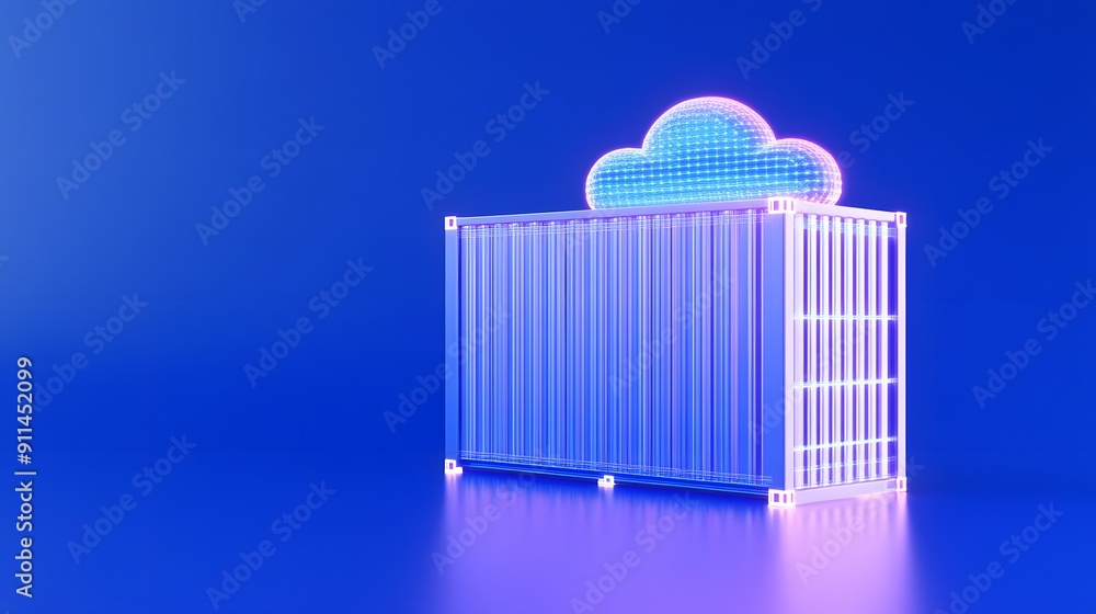 Poster 3d illustration of a shipping container with a cloud icon, symbolizing cloud computing and data stor