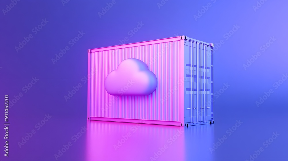 Poster 3d illustration of a shipping container with a cloud symbol, representing cloud computing and data s