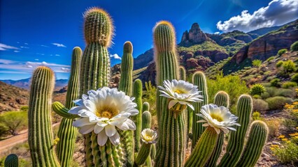 Vibrant white Saguaro cactus flowers bloom on towering stems under a bright blue Arizona sky, surrounded by dense green spines and majestic rugged landscape.