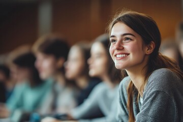 Fototapeta premium Smiling beautiful caucasian female college student in classroom