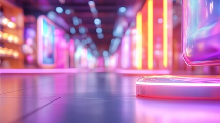 A bustling retail store with holographic product displays, futuristic, neon lights, 3D rendering, showcasing advanced shopping technology