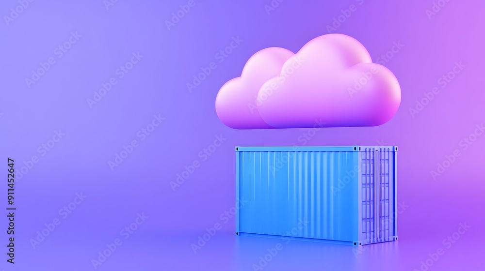 Poster 3d illustration of cloud computing and container concept with a purple cloud above a blue container 