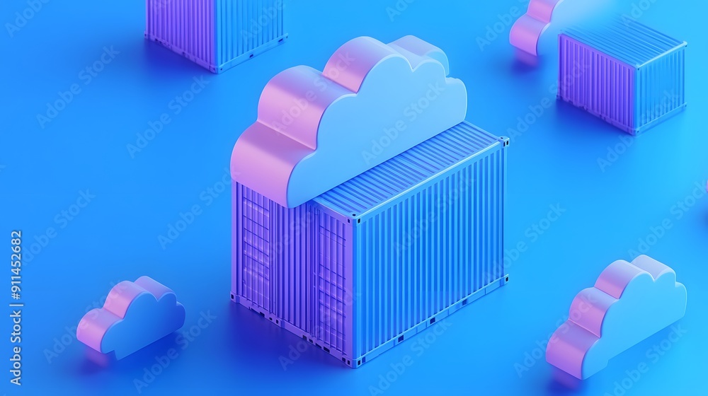 Aufkleber 3d illustration of cloud computing and container technology. modern digital storage concept in blue 