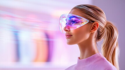 Shoppers exploring a virtual clothing store with holographic models, futuristic, colorful holograms, watercolor, enhancing fashion retail