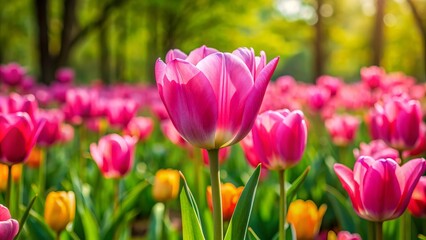 Obraz premium Vibrant pink tulip stands out against a lush green backdrop of budding flowers, capturing the essence of spring's beauty and renewal in a stunning nature-inspired scene.