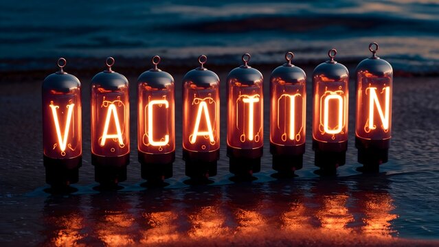 A vibrant 'vacation' message in Nixie tubes against the twilight sky on the beach