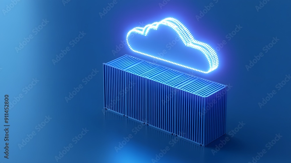 Poster 3d illustration of cloud computing and containerization concept with a glowing cloud icon over data 