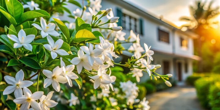 Fresh Wrightia antidysenterica blooms adorn the serene morning garden, delicate white petals evoking jasmine, radiating elegance against the gentle backdrop of a quiet home exterior.