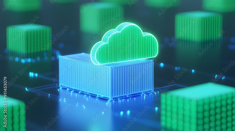 Aufkleber 3d illustration of cloud computing and data storage concept. digital cloud icon above a container am
