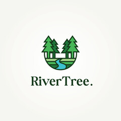 minimalist pine tree with creek river line art icon logo vector illustration design