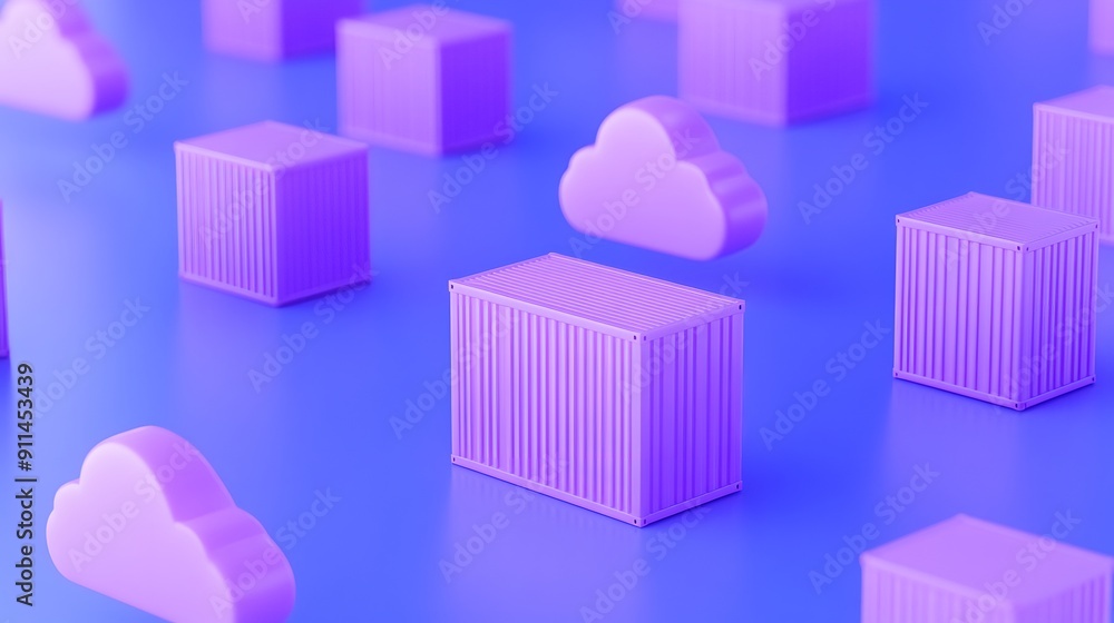 Poster 3d illustration of cloud computing and storage concept with purple containers and clouds on a blue b